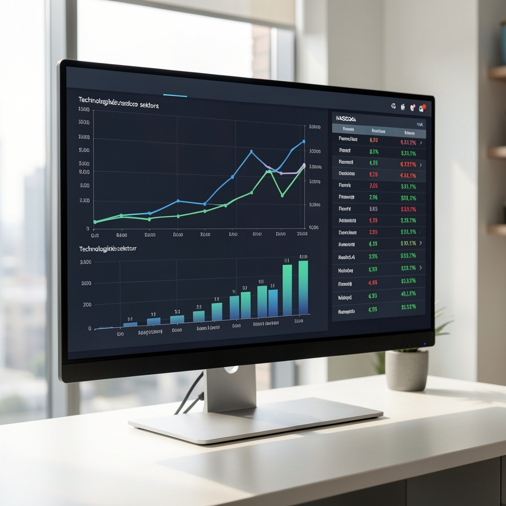 Analytik pracuje s velkoplošnou obrazovkou zobrazující grafy technologického sektoru a data NASDAQ