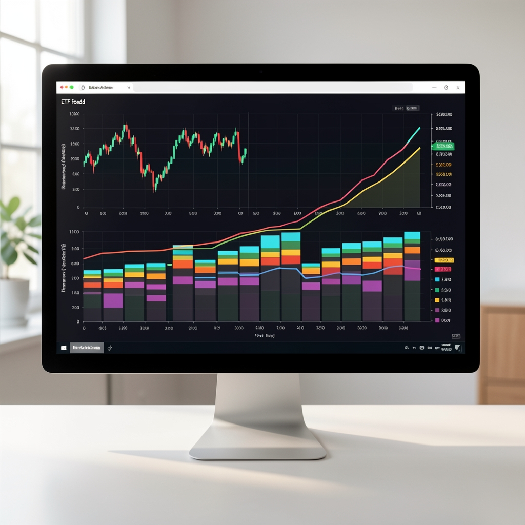Finanční grafy ETF fondů na profesionálním monitoru s různobarevnými pruhovými grafy zobrazující výkonnost portfolia