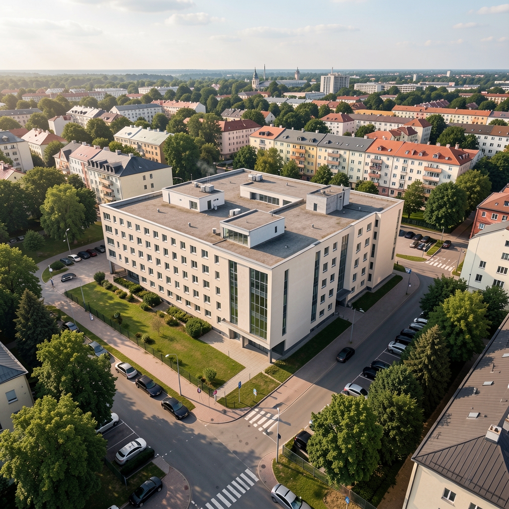 Mapa s polohou kanceláře Stoerdello na Karolinské 661/4, Praha 8 – Karlín, zobrazena z ptačí perspektivy s označenou budovou