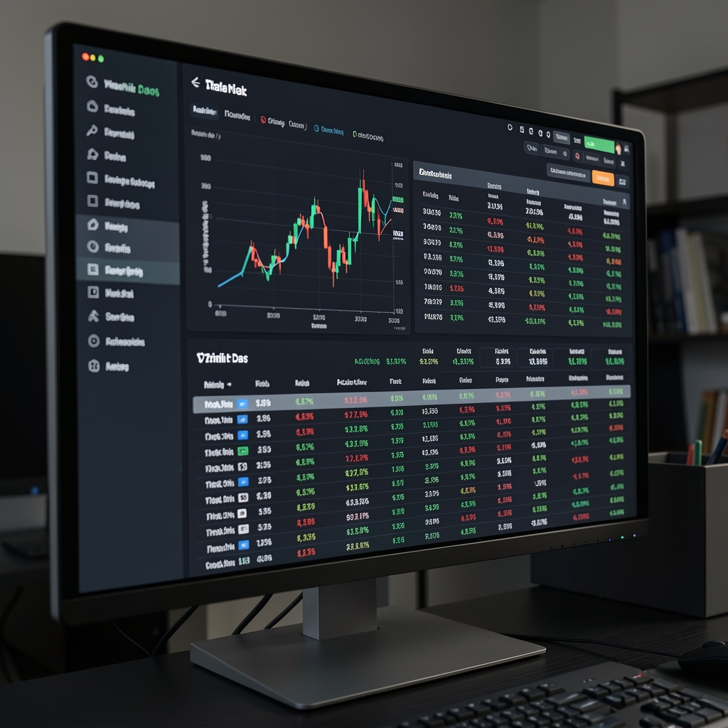Detailní pohled na monitor s komplexními datovými vizualizacemi a finančními tabulkami v tmavém analytickém prostředí, symbolizující práci s tržními daty