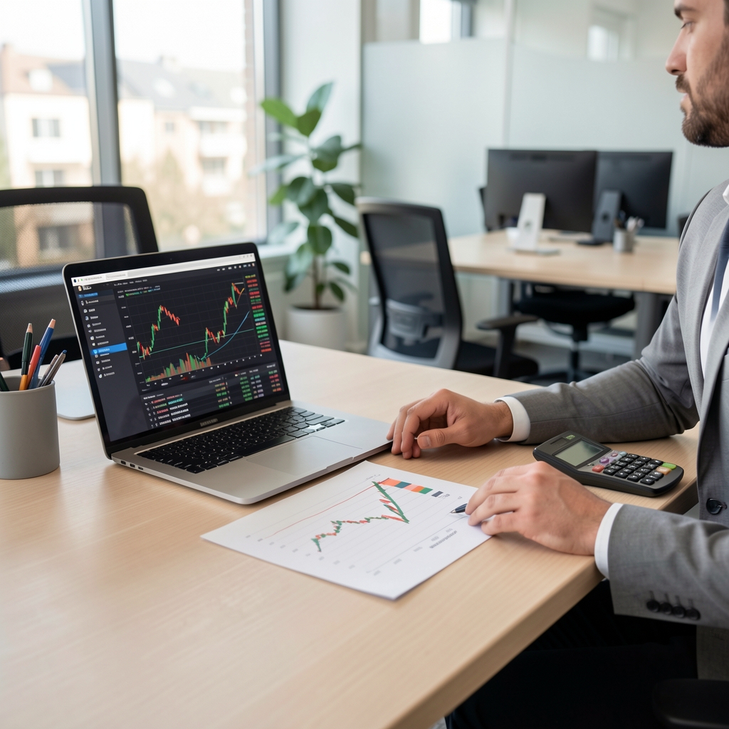 Analytik při práci: stůl s grafem výkonnosti akciového trhu vytištěném na papíru, notebook s finanční databází a kalkulačka v moderní kanceláři